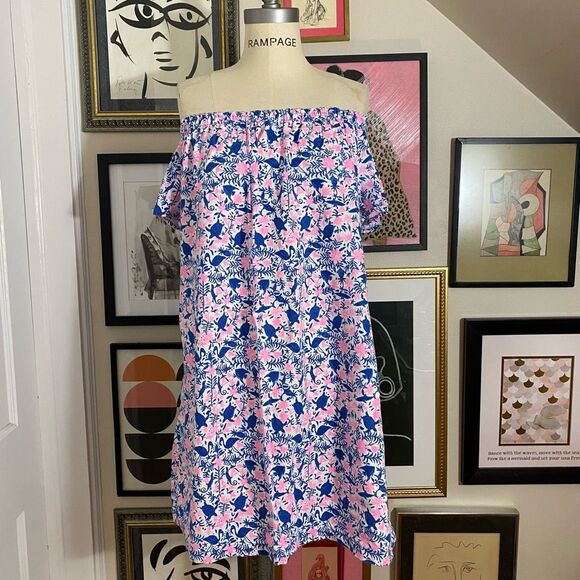 Vineyard Vines Girls Size XL Off The Shoulder A Line Dress Blue Pink Floral - Picture 2 of 6